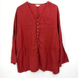J. Jill Red Linen Blend Crochet Trim Tunic Top Size 3X Button V-Neck Lagenlook